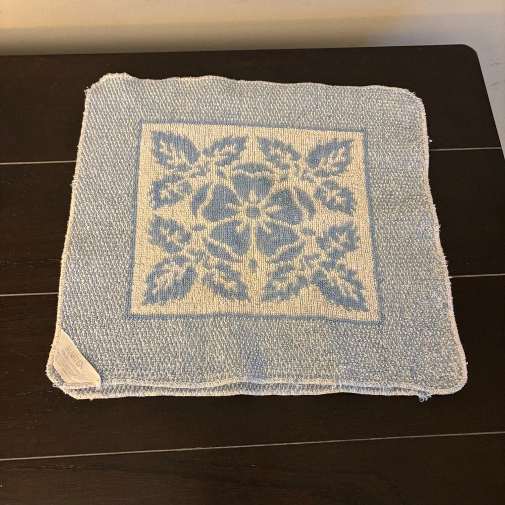 Vintage Martex Washcloths | Set of 2 | Blue White Floral Damask | Cotton | USA
